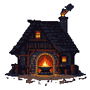 Medieval blacksmith's forge at dusk with a glowing fire, anvil, and smoke.