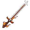 A silver pixelated sword with a skull-shaped hilt engulfed in ethereal orange and red flames.
