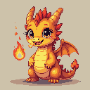Round-bodied baby dragon exhaling a small flame with trailing sparks.