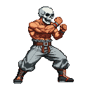 Fighter with a white skull for a head, bare tanned torso, and grey pants in a defensive stance.