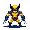 Wolverine with extended adamantium claws, wearing his yellow and blue costume, against a black background.