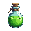 A clear glass bottle filled with glowing green potion, sealed with a cork stopper and twine.