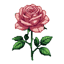 A pink pixel art rose with a green stem and dark green leaves on a black background.