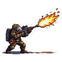 Soldier in hazmat suit with gas mask and backpack firing a vibrant, pixelated flamethrower blast of orange and yellow flames with embers.