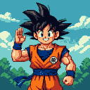 Goku in his orange gi with the Kame symbol, smiling and waving against a blue sky with clouds and a green forest.