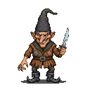 A menacing gnome, rendered with sharp sprite clarity and deliberate dithering, grips a glinting blade, its form exuding an aura of dark fantasy and palpable threat against a stark, unadorned backdrop. The deliberate color palette and hunched posture amplify the creature's sinister presence, evoking a potent sense of impending danger.