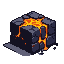 A dark, cracked stone cube with molten magma oozing from its fissures, casting an orange and yellow glow. Lava drips down its sides.