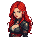 A woman with fiery red hair, wearing dark, textured assassin's armor over a low-cut garment, looks intensely forward.