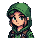 Young person with green eyes, brown hair, green hooded jacket, and backpack, looking curious and apprehensive.