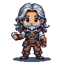 A grizzled, kindly-faced character with flowing silver-grey hair and beard, wearing a canvas-like outfit, holds a small, bright object.