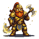 A dwarf warrior in golden armor with a fiery red beard, holding a double-bladed axe.