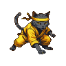 Dark-furred cat in yellow martial arts gi and headband, crouching in a ready stance with intense amber eyes.