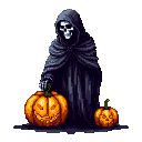 Pixel Art: reaper holding pumpkin (generated with AI by sandacz).