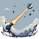 Laser cannon firing a fiery beam at an asteroid against a cloudy sky with mountains.