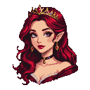 Vampire princess with flowing crimson hair, a golden tiara, purple eyes, and an off-the-shoulder crimson gown.