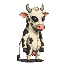 A figure in a black and white cow costume with realistic horns and ears, but with large, dark, alien eyes that convey a melancholic expression.
