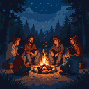 Pixel Art: groups of people around the fire (generated with AI and edited by Alouka).