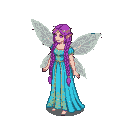 A pixie with a floral crown, long braided purple hair, and a flowing turquoise gown with golden patterns, standing with spread translucent wings.