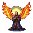A bald figure with hands clasped in prayer, wearing a dark blue robe with orange trim, stands with vibrant orange and yellow wings spread wide, illuminated by a celestial sun.