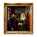 Formal portrait of a man and woman holding hands, standing side-by-side in a dimly lit interior.