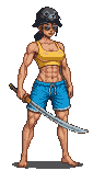 Female fighter in yellow tank top, blue swim trunks, and a seal-shaped hat, holding a sword horizontally.