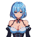 Anime character with short light blue hair, blue eyes, wearing an ornate dark outfit with ruffled shoulders and a choker with a blue gem.