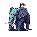 A teal and purple elephant with glowing red eyes and large tusks, carrying a tattered red flag on its back, against a black background.