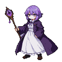 Young mage with purple hair and eyes, wearing a white dress with ruffled hem and a dark purple coat, holding a wooden wand with a shimmering purple gem.