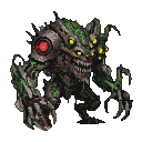 A grotesque, multi-limbed creature with a gaping maw, sharp pixelated teeth, and glowing yellow eyes. A red optical sensor pulses on its left shoulder. Its body is a chaotic mix of decaying greens, rusty browns, and metallic grays, with exposed wiring and tendrils.
