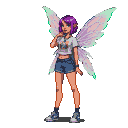 Youthful pixie with purple hair, iridescent wings, and modern clothing, touching chin in a contemplative pose.