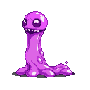 A purple and pink amorphous slime creature with a bulbous head, wide toothy grin, and large glossy eyes, standing on multiple pseudopod-like appendages.