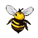 A plump bumblebee with yellow and brown stripes hovers with translucent wings spread wide.