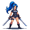 Warrior with electric blue hair and a "Overdose" t-shirt, holding two swords.