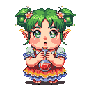 Young elf-like character with bright green hair in buns adorned with pink flowers, holding a small bottle of red liquid.