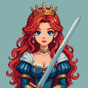 Regal red-haired princess in a blue gown with white lace trim, wearing a golden crown, holding a gleaming sword.