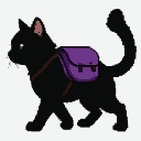 A black cat with two tails walks forward, carrying a purple backpack.