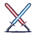 Two crossed lightsabers, one red and one blue, with pixelated glowing blades against a black background.