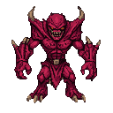 Menacing crimson demon with snarling face, pointed teeth, glowing yellow eyes, sharp horns, clawed hands, armored plates, and tattered loincloth.