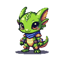 A small, bright green alien with large, expressive eyes, wearing a blue scarf and golden armor accents.