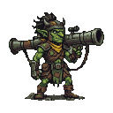 Menacing green-skinned goblin in tattered leather armor holding a bazooka, ready for combat.