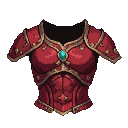 Crimson torso armor with sculpted musculature, golden trim, and a central faceted teal gem.