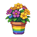 A terracotta pot with a rainbow pattern holds a vibrant bouquet of yellow, purple, and blue pixelated flowers with green leaves.