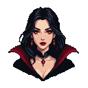 Vampire princess with piercing red eyes, dark flowing hair, black cloak lined with crimson, jeweled pendant, and dangling earrings.