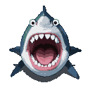 A monstrous shark lunges forward with its mouth open, showing pink gums and flat white teeth. Wobbly googly eyes give it a cartoonish look.