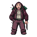 A person in a maroon hooded jacket, light t-shirt, and baggy pants stands with a bruised face and a knife in their right hand, carrying a large green backpack.