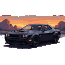 Black Hellcat Challenger with fiery orange headlights parked before purple mountains at a pixelated sunset.