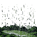 Rain streaks fall from a dark sky onto a vibrant green landscape, making the ground glisten.