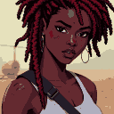 Young African American woman with red dreadlocks and oil scuffs on her face, wearing a white tank top and messenger bag, stands in a hazy desert with a distant helicopter.