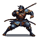 Fierce samurai warrior in dark blue and brown armor with gold accents, mid-attack with a long polearm, legs spread in a powerful stance.