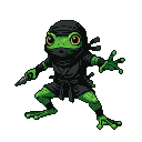 A small green ninja frog in a black outfit with a mask, holding a tiny blade, in a ready-to-strike pose.
